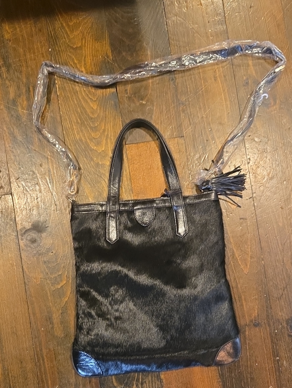 NWOT Aqua Madonna Black Calf Hair Leather Tote Bag + New Crossbody Strap - Picture 1 of 11